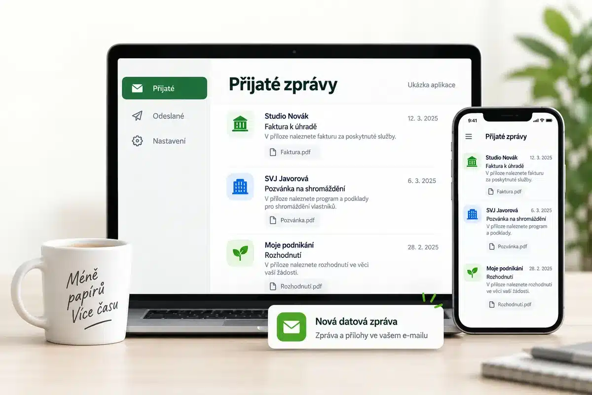 Ilustrace přehledu datových zpráv na počítači a mobilním telefonu